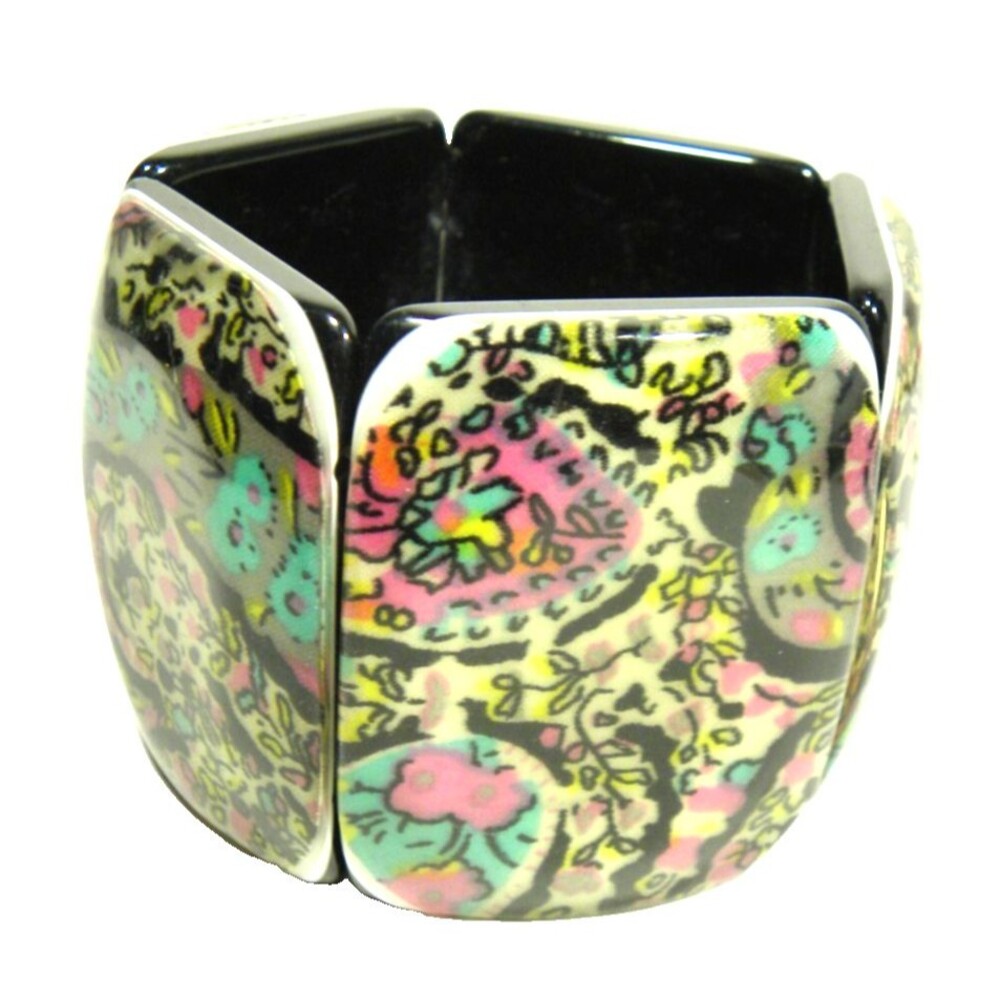 Paisley Flower Stretch Bracelet Multicolor Square Plastic Wide Chunky Colorful